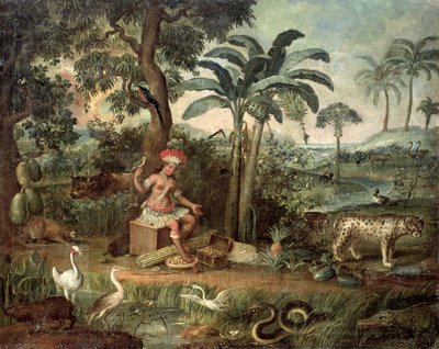 Native Indian in a landscape with animals by Jose Teofilo de Jesus